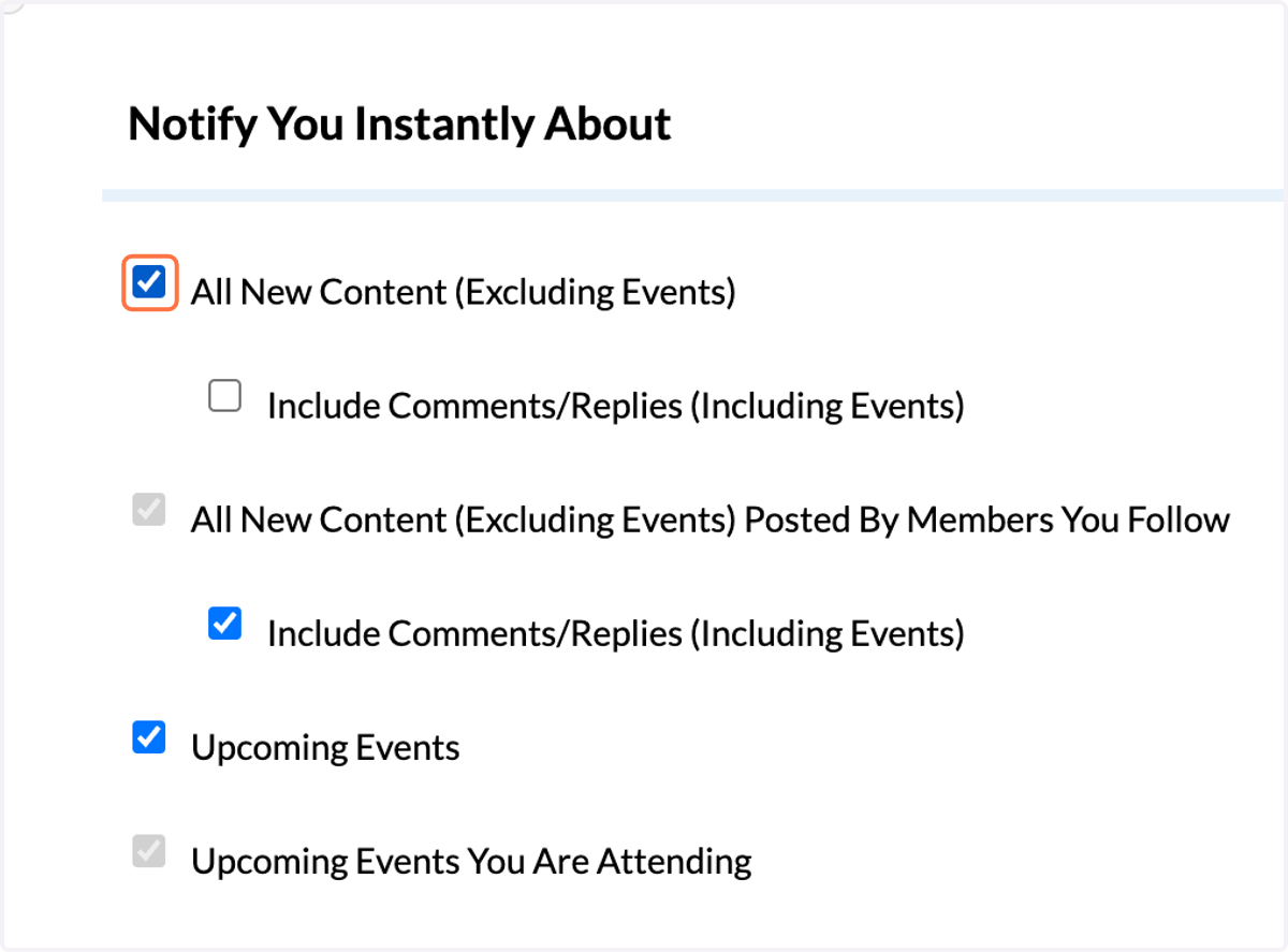Customize your other instant notifications. Check "All New Content (Excluding Events)"