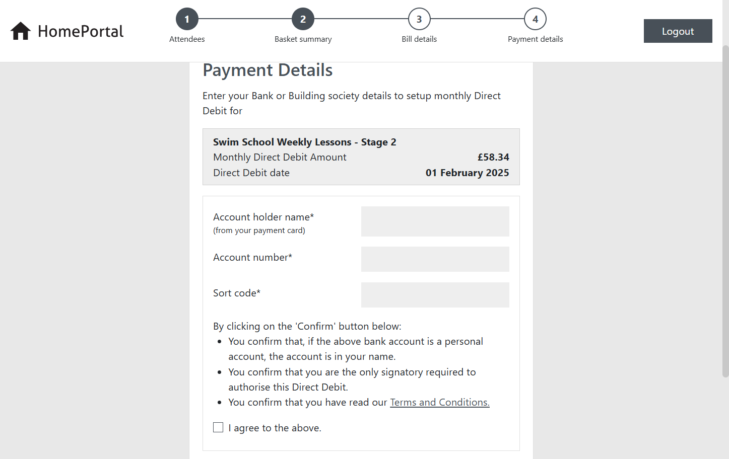 This page is where the Direct Debit details need to be inputted.