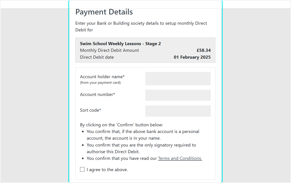 This page is where the Direct Debit details need to be inputted.