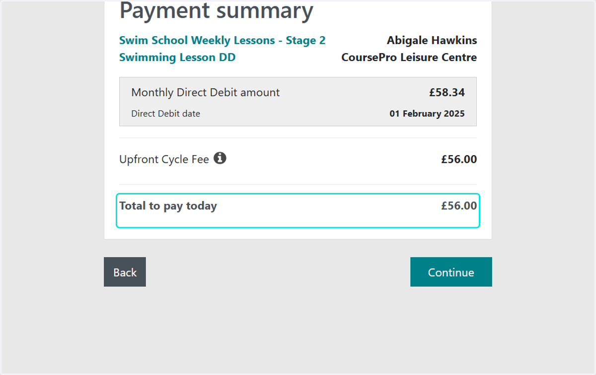 It will confirm the cost of the upfront payment the customer must pay today
