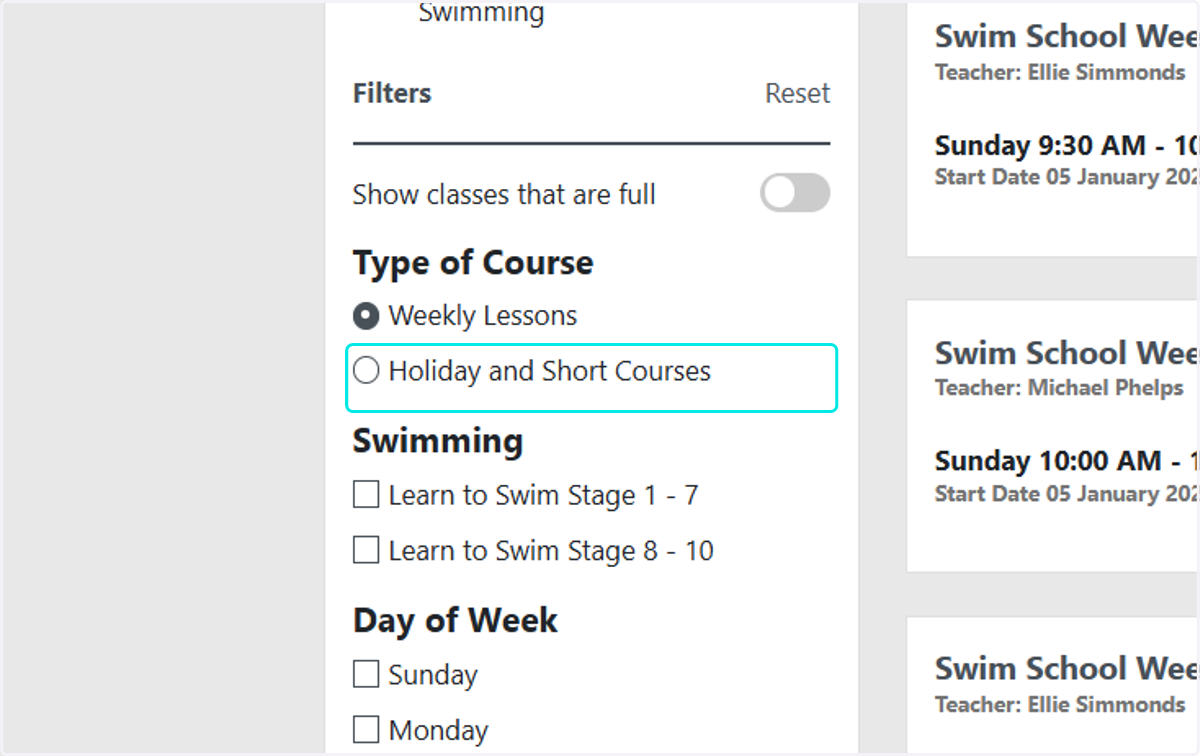 Holiday and Short Courses = Fixed end Date (Term Time, one off sessions, intensive classes, crash courses)