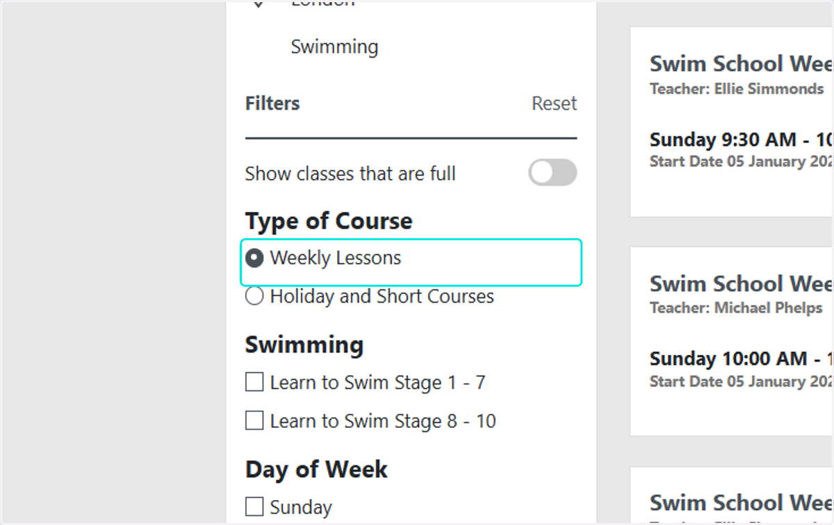 Weekly course = Continuous Course (All year round classes, Direct Debit customers)
