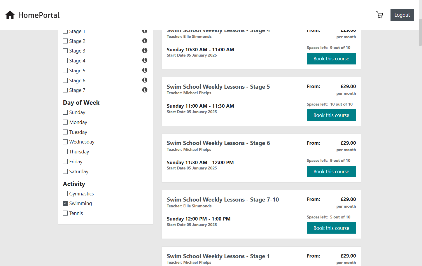 Filter the required stage and the required day and the classes that show are the ones that are relevant to your search
