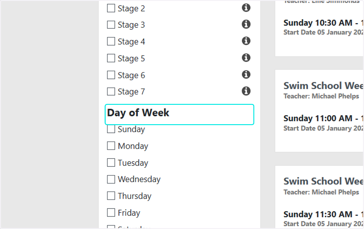 Filter the required stage and the required day and the classes that show are the ones that are relevant to your search