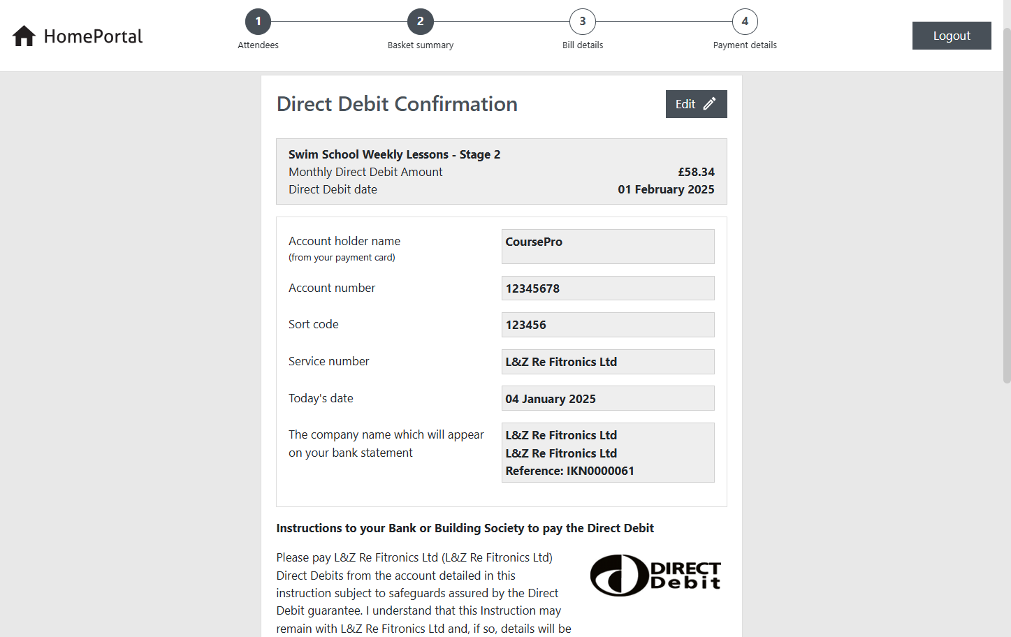 Read through and check you are happy with all information within the Direct Debit Confirmation