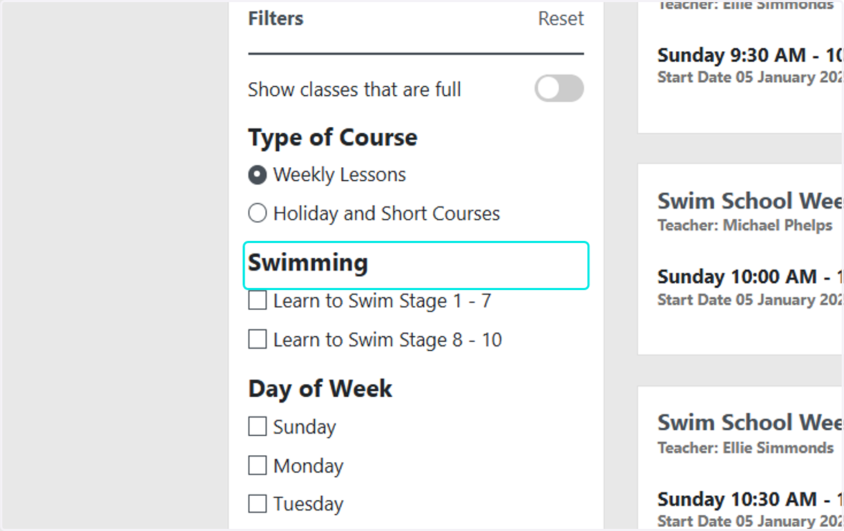 Once you filter by ‘Type of Course', additional filters will appear below which are level specific filters