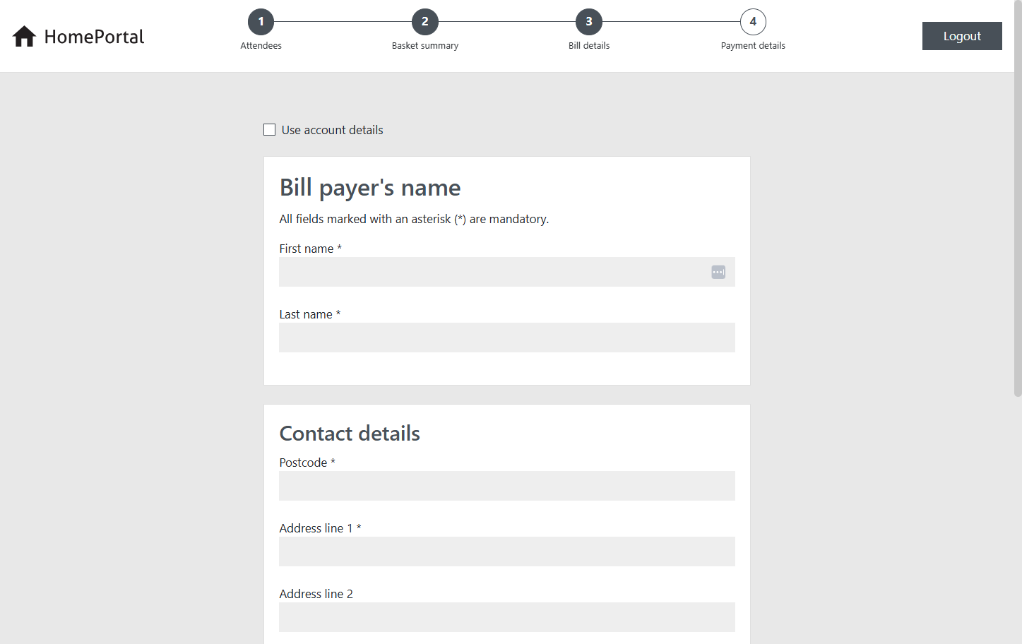Fill in the bill payers details. The details MUST match exactly with the information registered on the card you will use for the upfront/pro-rata payment.