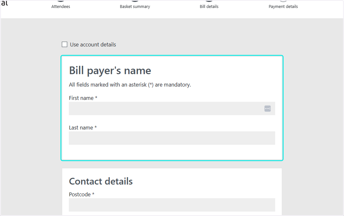 Fill in the bill payers details. The details MUST match exactly with the information registered on the card you will use for the upfront/pro-rata payment.