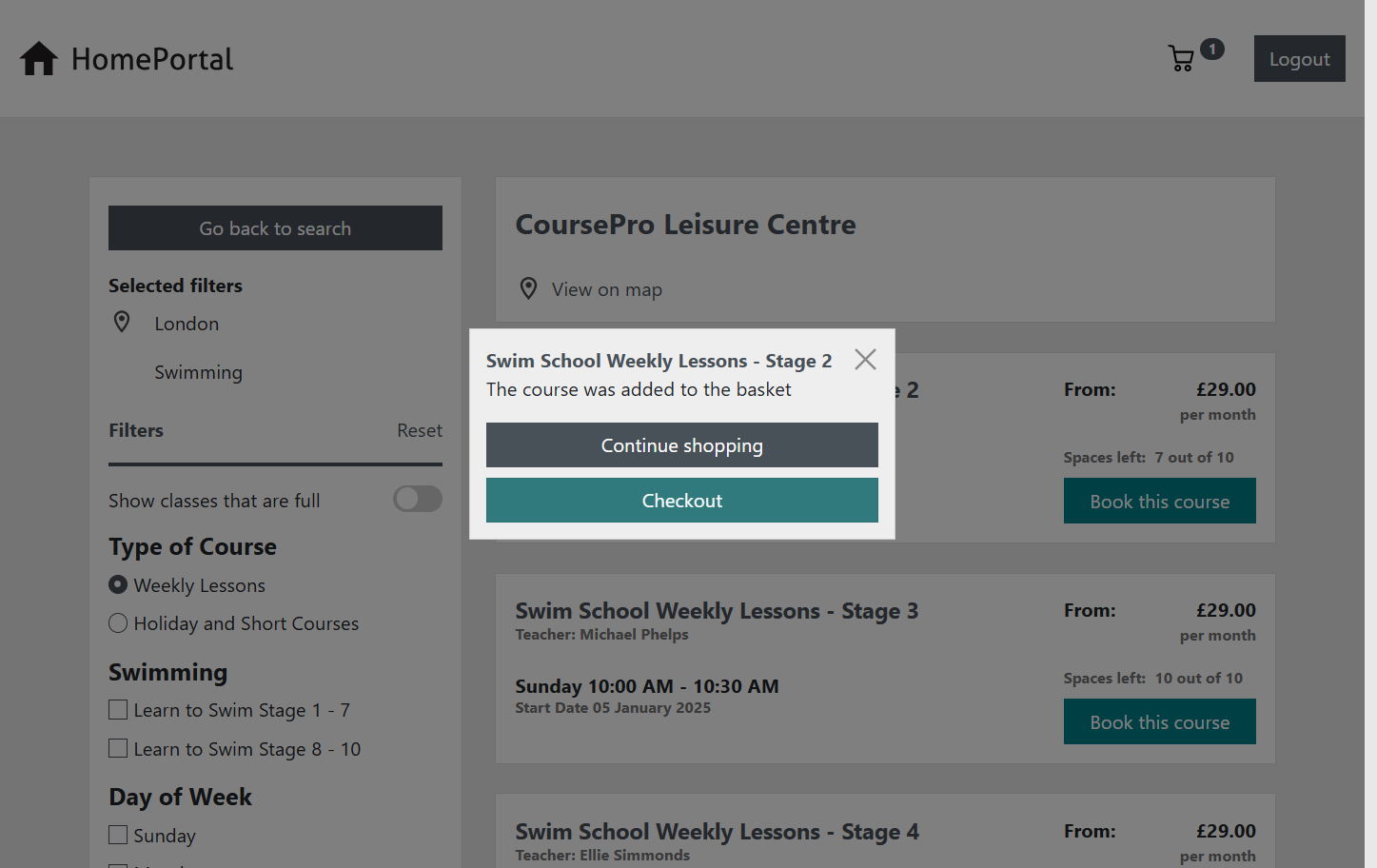 If you wish to book in for a second session a week, or book a siblings class at the same time, select continue shopping and you can add another class to the basket. If you want to book and pay for this 1 booking, click the checkout button