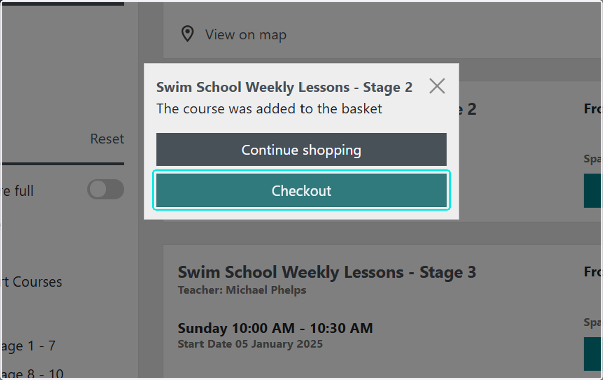 If you wish to book in for a second session a week, or book a siblings class at the same time, select continue shopping and you can add another class to the basket. If you want to book and pay for this 1 booking, click the checkout button