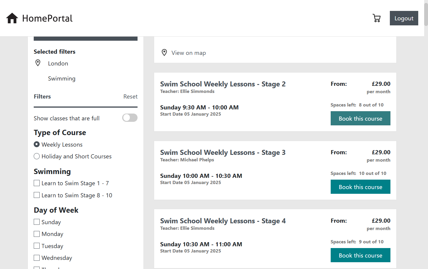 Click the ‘Book this course’ button on the class you wish to book into and it will ask you if you want to continue shopping or checkout.