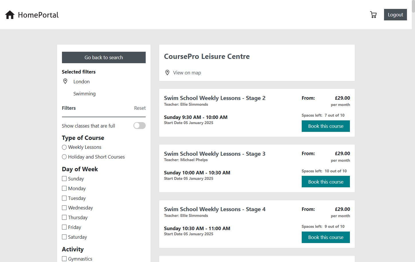 All classes that are available within the centre you have selected will appear on this screen
