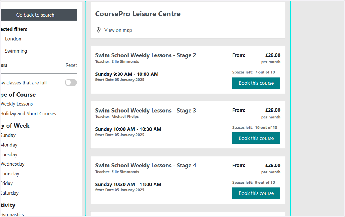 All classes that are available within the centre you have selected will appear on this screen