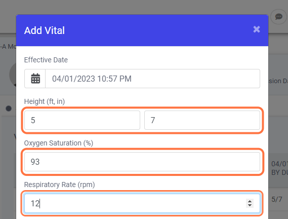 On the pop-up window, add patient's vitals