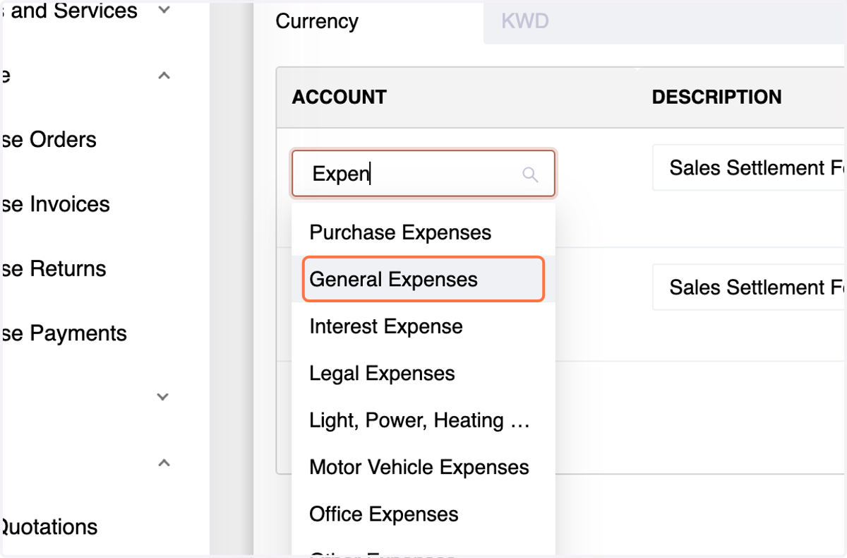 Choose the Debit Account for the transaction.