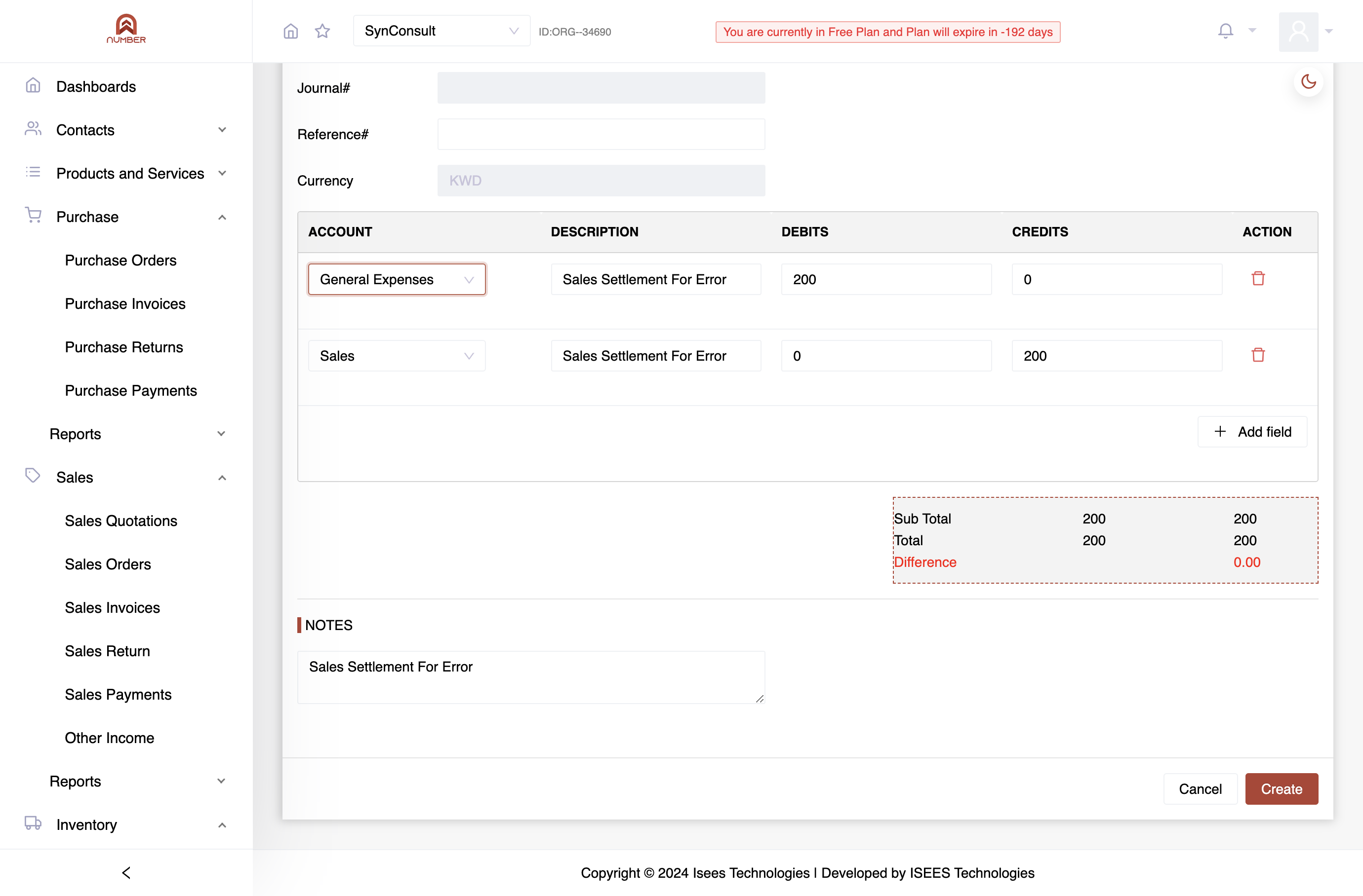 Make sure there is no difference between debits and credits. Review the journal entry details thoroughly and then hit the "Create" button.
