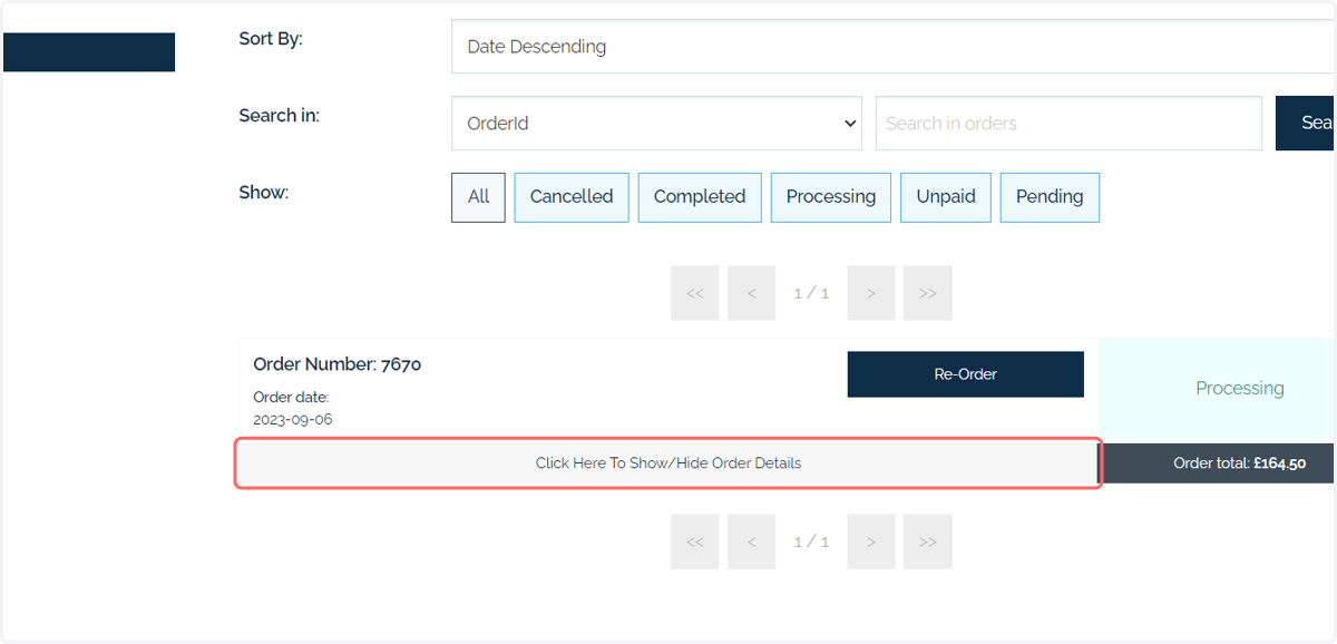 Click on Click Here To Show/Hide Order Details