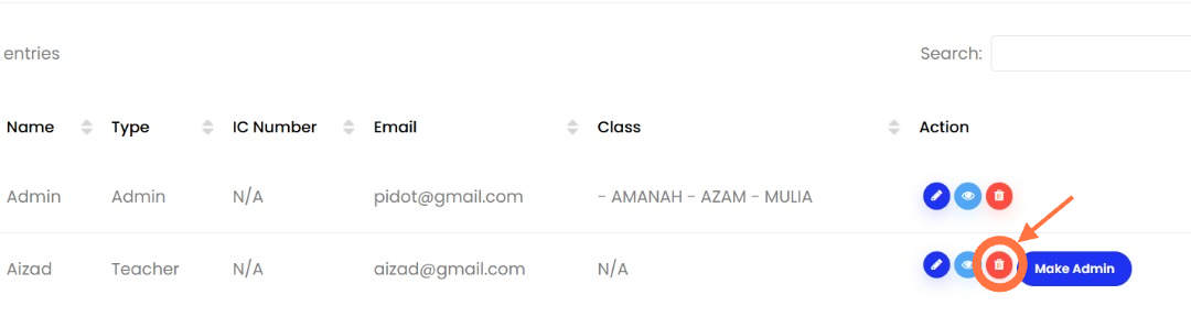 Cari dan pilih guru yang ingin dipadam kemudian klik ikon seperti di bawah