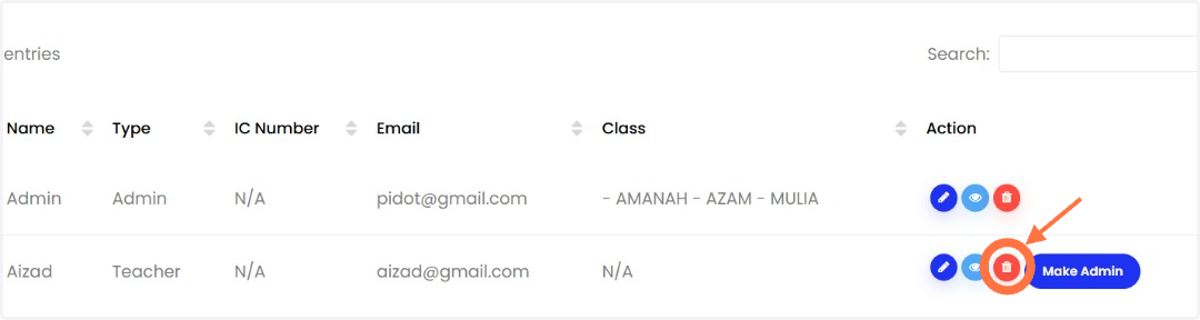 Cari dan pilih guru yang ingin dipadam kemudian klik ikon seperti di bawah