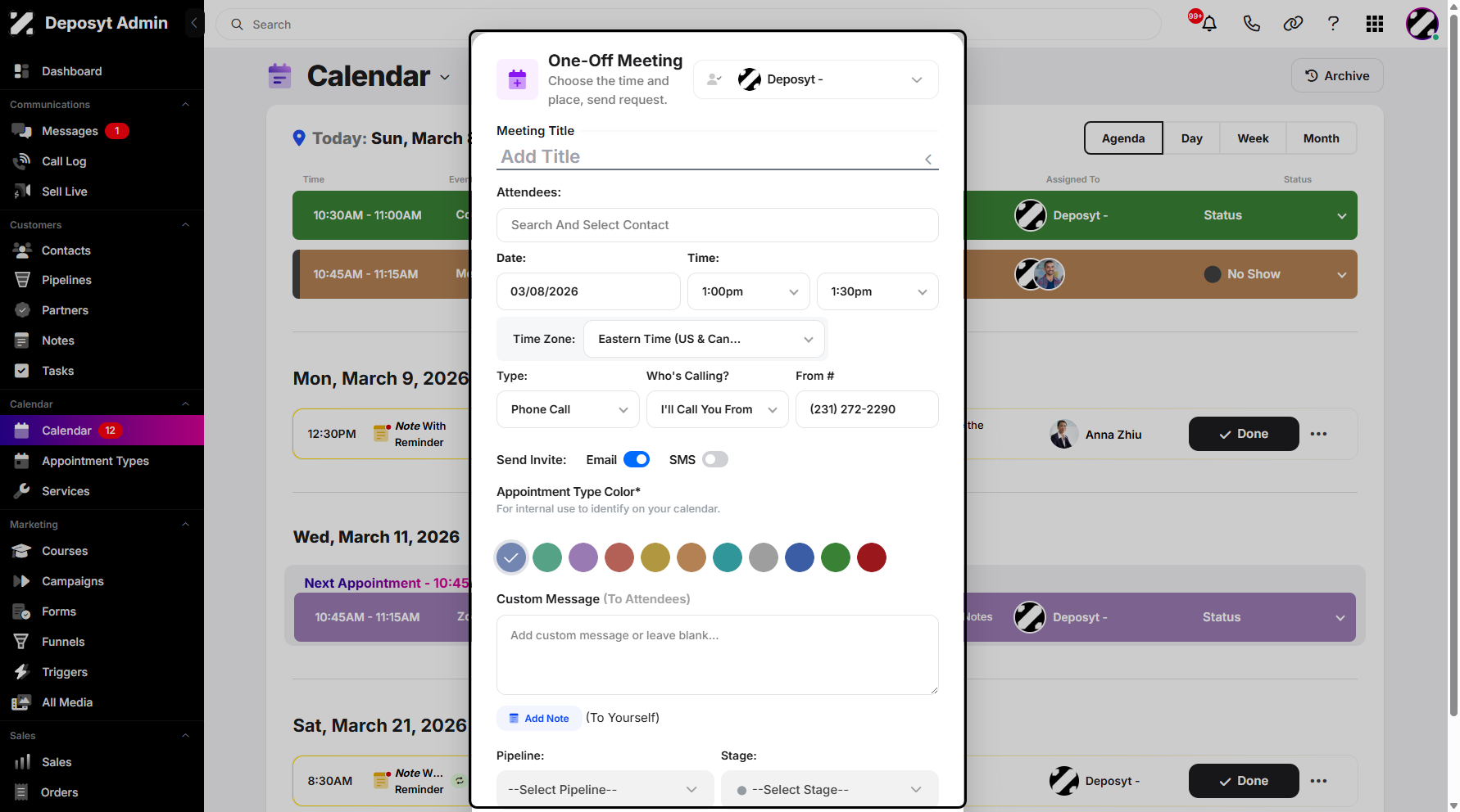 Step 6: The One-Off Meeting window will appear, prompting you to configure the meeting.