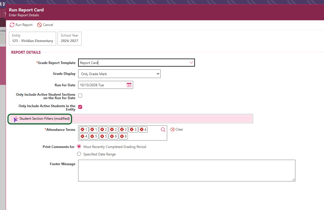 From there, you can click Run Report at the top or use the student section filters if needed.