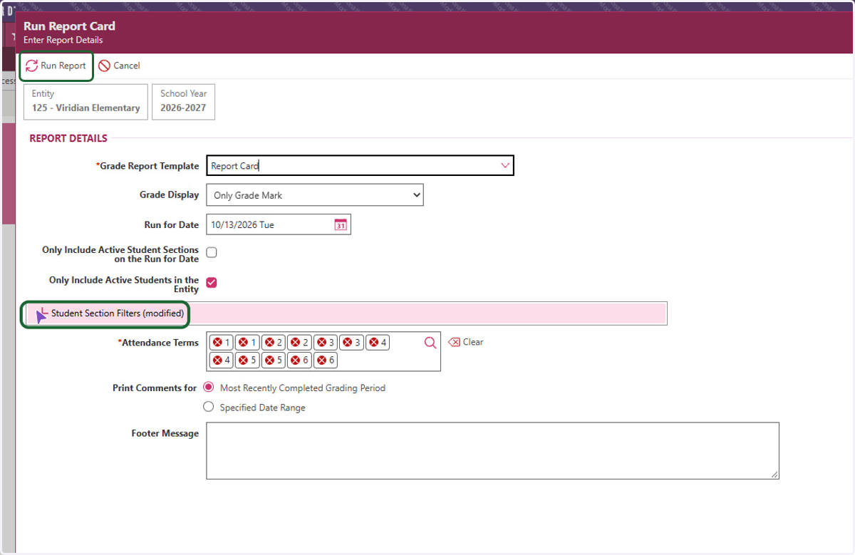 From there, you can click Run Report at the top or use the student section filters if needed.