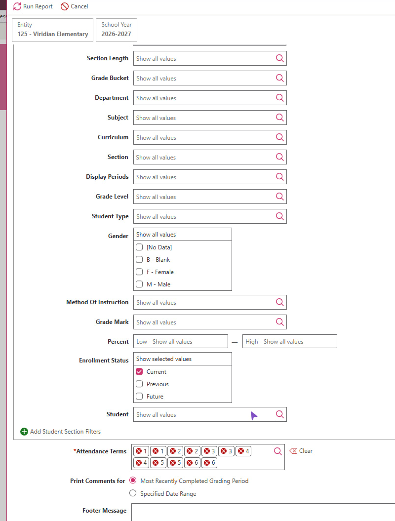 If you need a report card for specific students, you can use the Student search filter