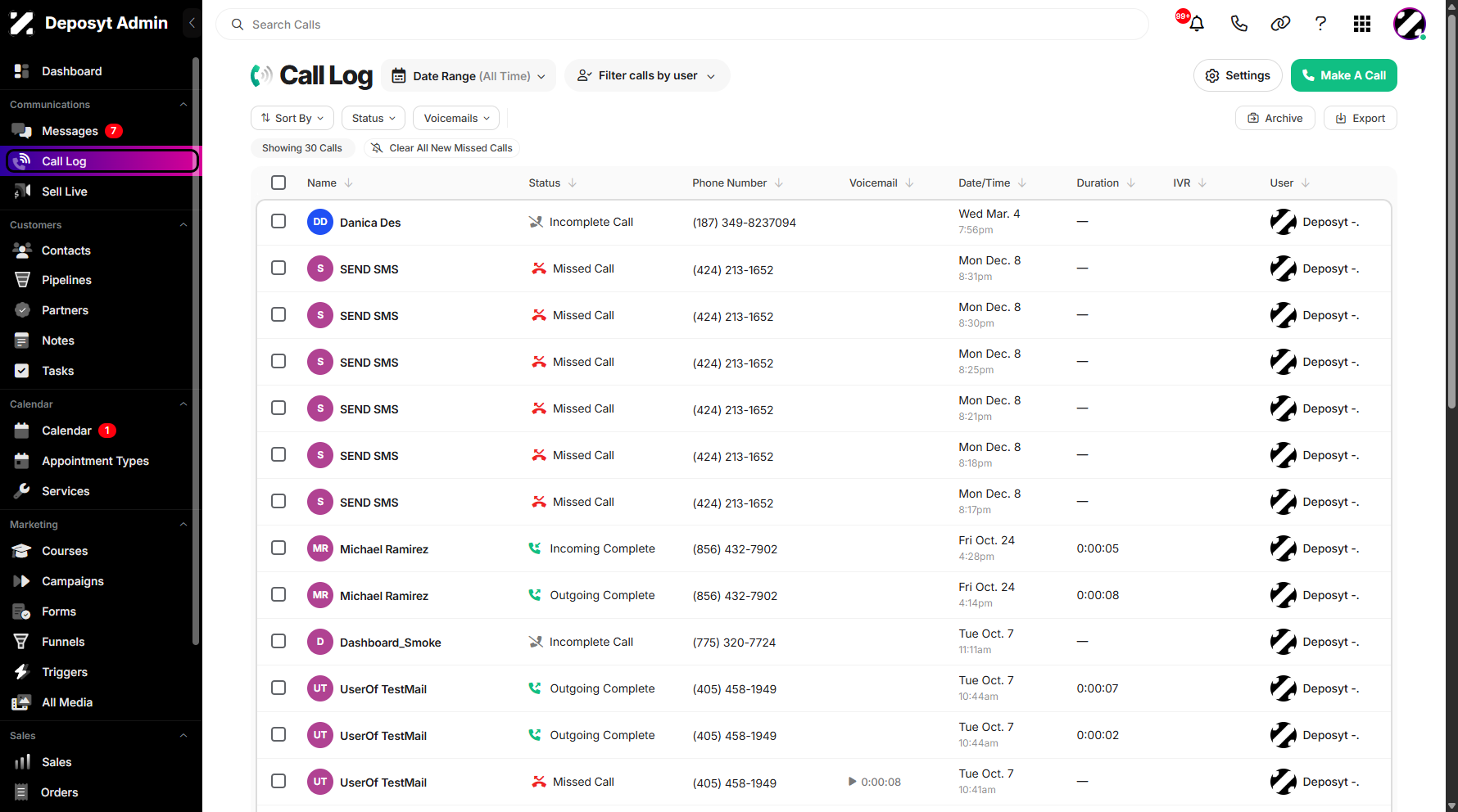 Step 1: On your Dashboard, click on the Call Log tab under the Communications section.