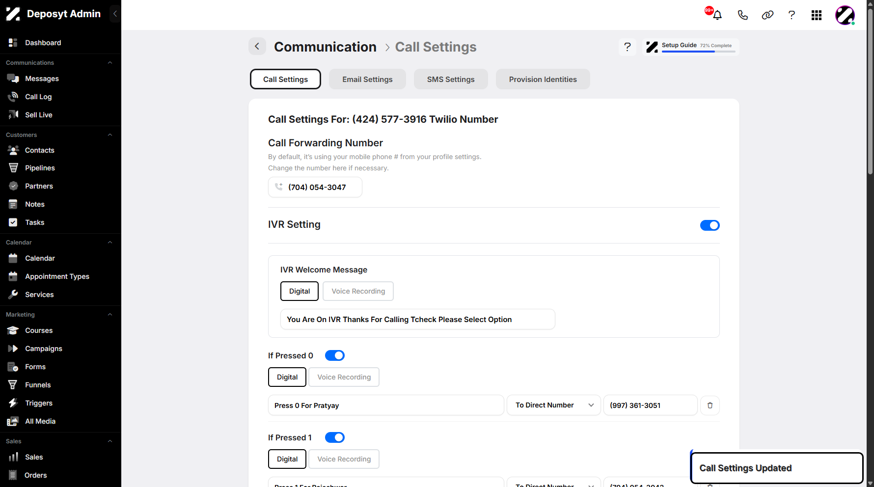 Step 6: A pop-up notification will appear, confirming that the call settings have been updated successfully.