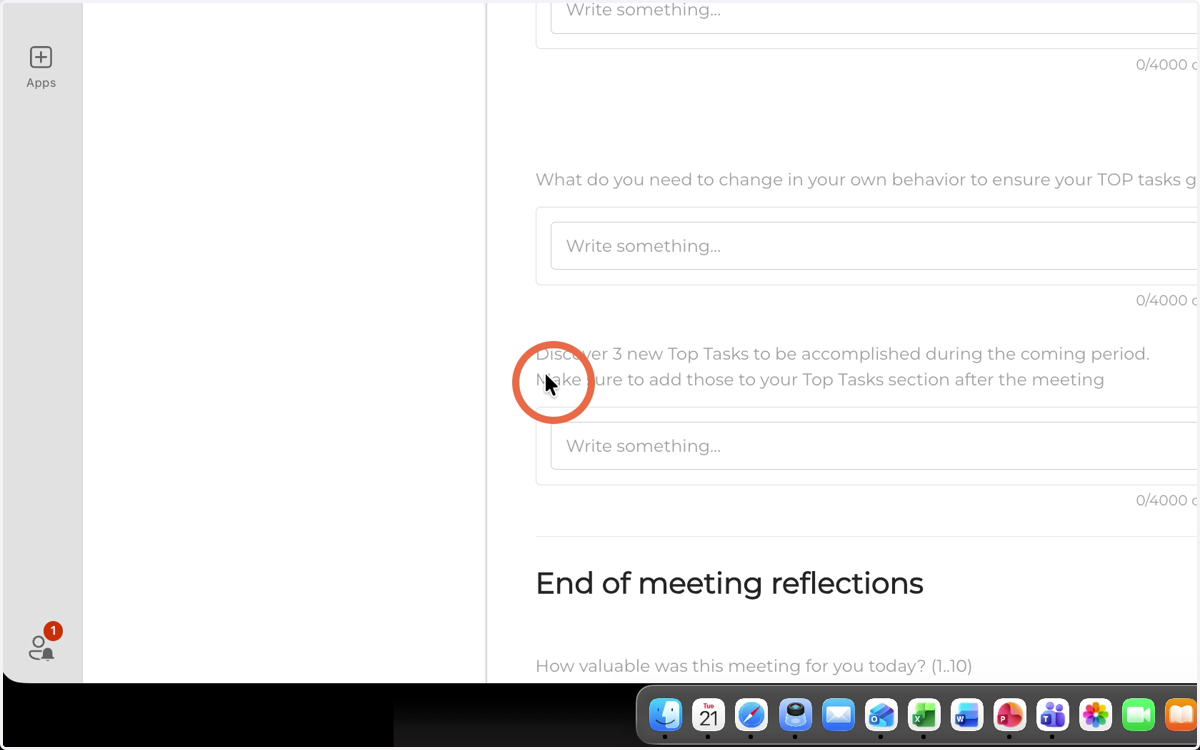 Enter the 3 TOP Tasks identified during this conversation that you will focus on completing between the two meetings.