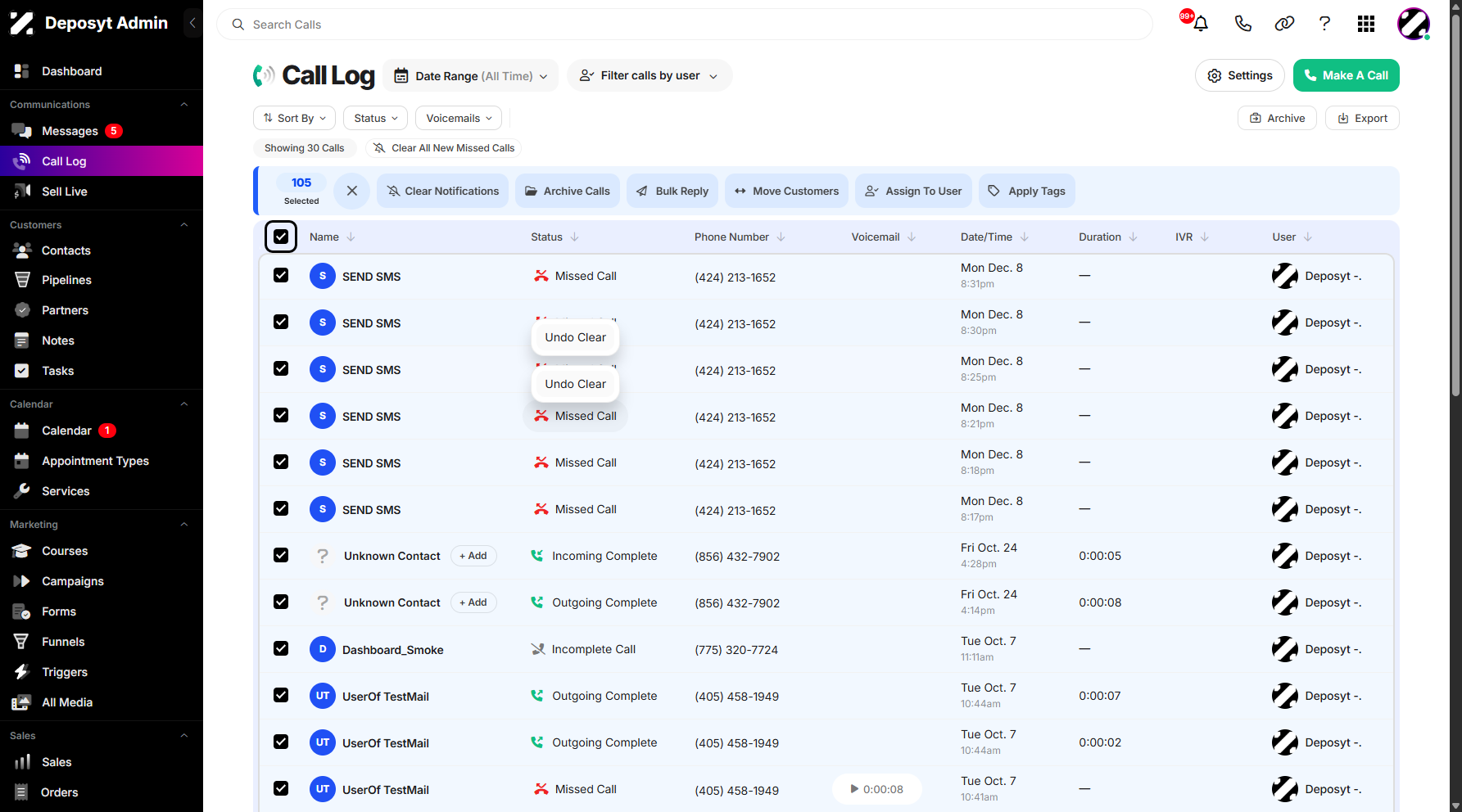 Step 4: Alternatively, you can click the Select All checkbox at the top to select all call history entries.