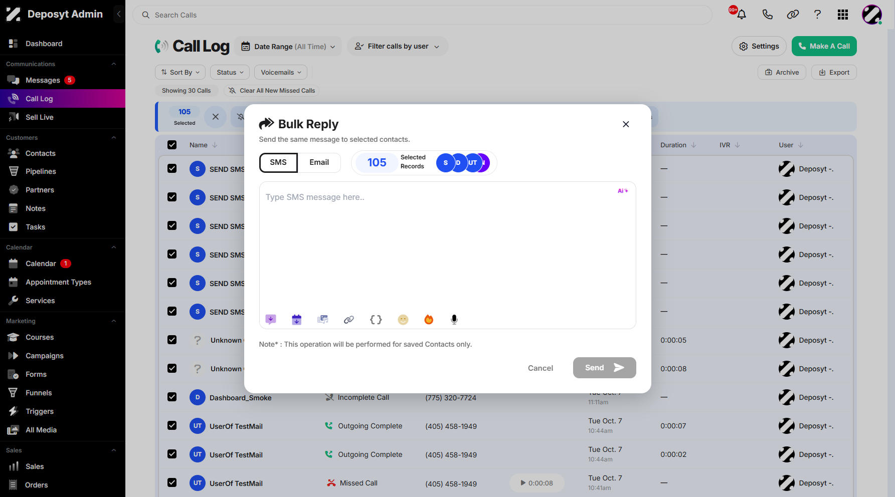 Step 7: A pop-up window will appear, allowing you to enter your SMS reply for all the selected call history entries.