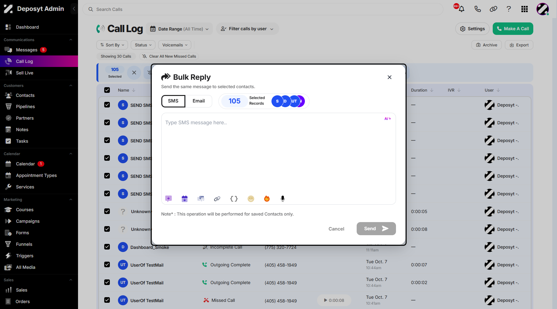 Step 7: A pop-up window will appear, allowing you to enter your SMS reply for all the selected call history entries.