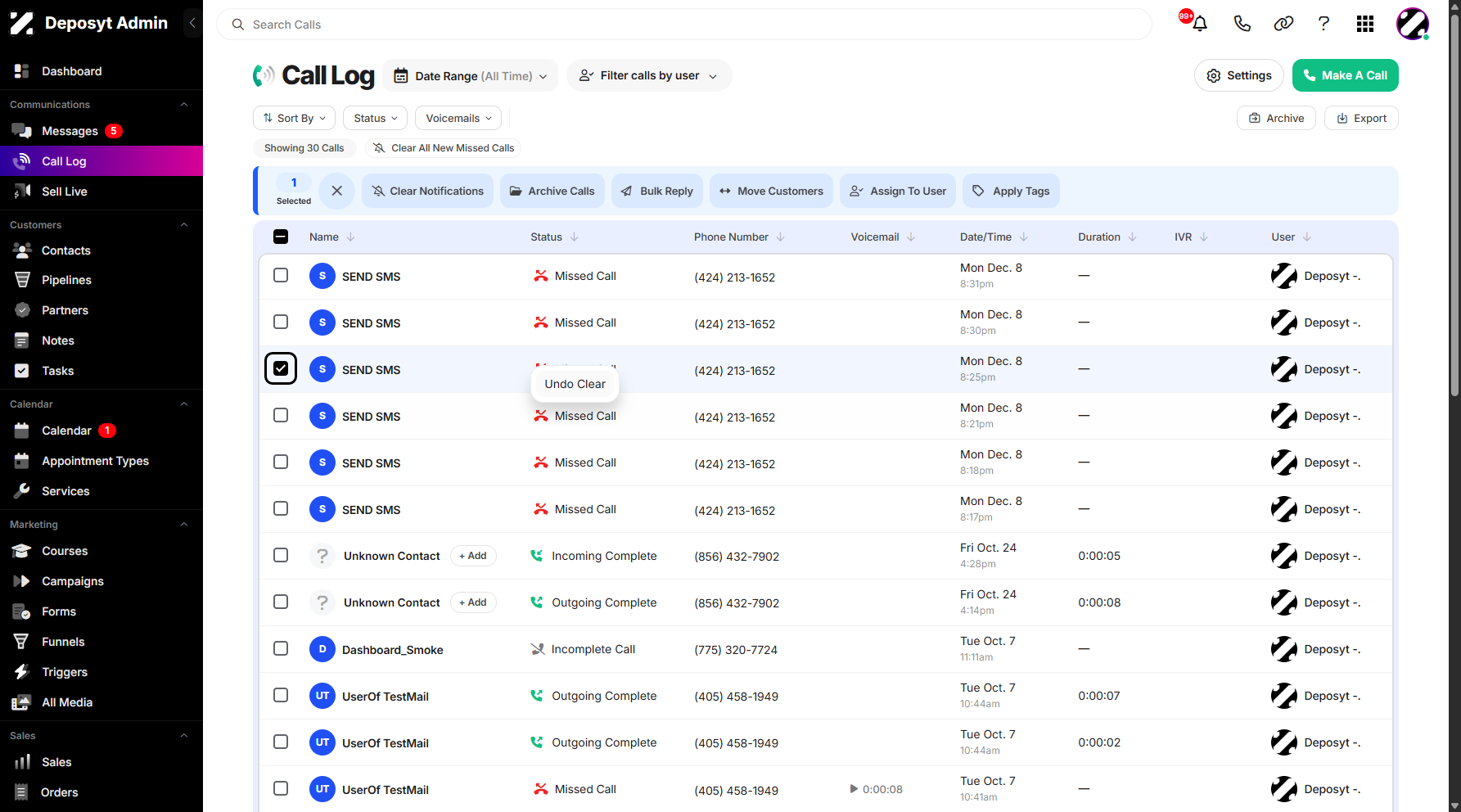 Step 3: To enable the bulk reply action, select a call history entry from the list by clicking its checkbox.