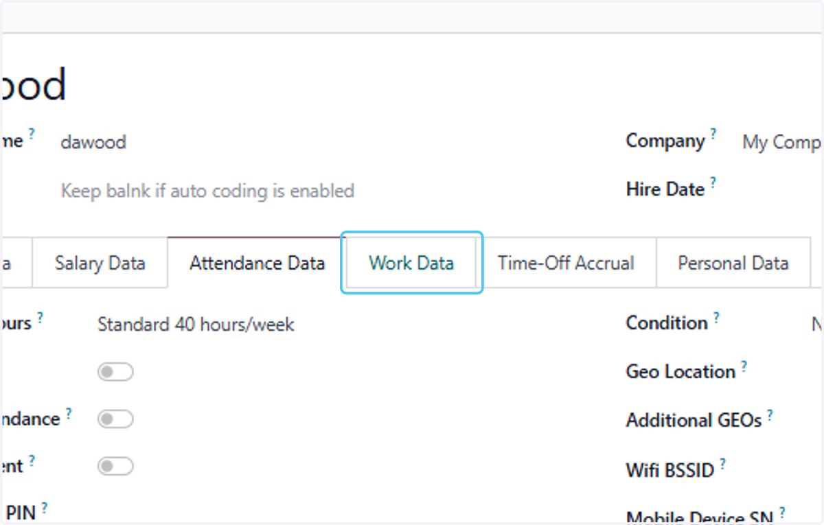 Click on Work Data