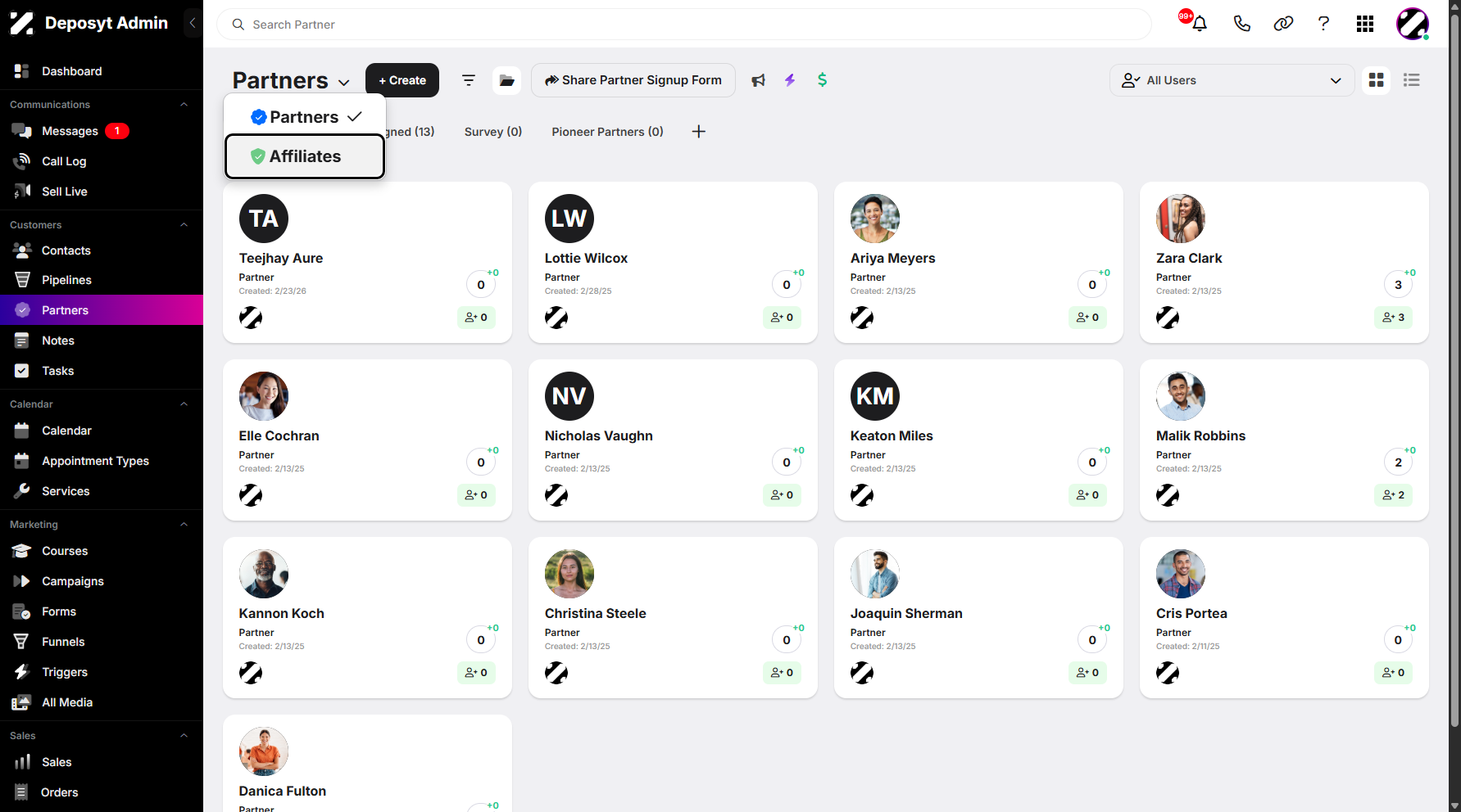 Step 1: Hover over the Partners dropdown menu and click Affiliates to continue.