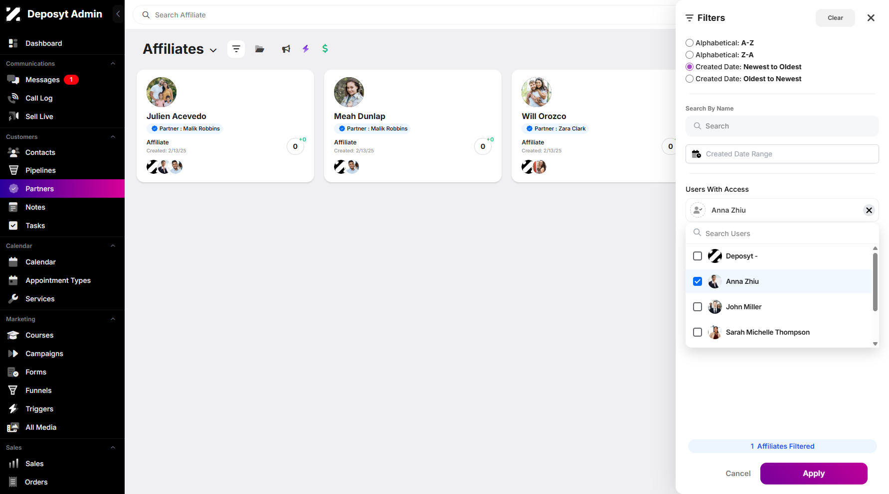 Step 6: Once a user is selected, click the Apply button to filter the results.