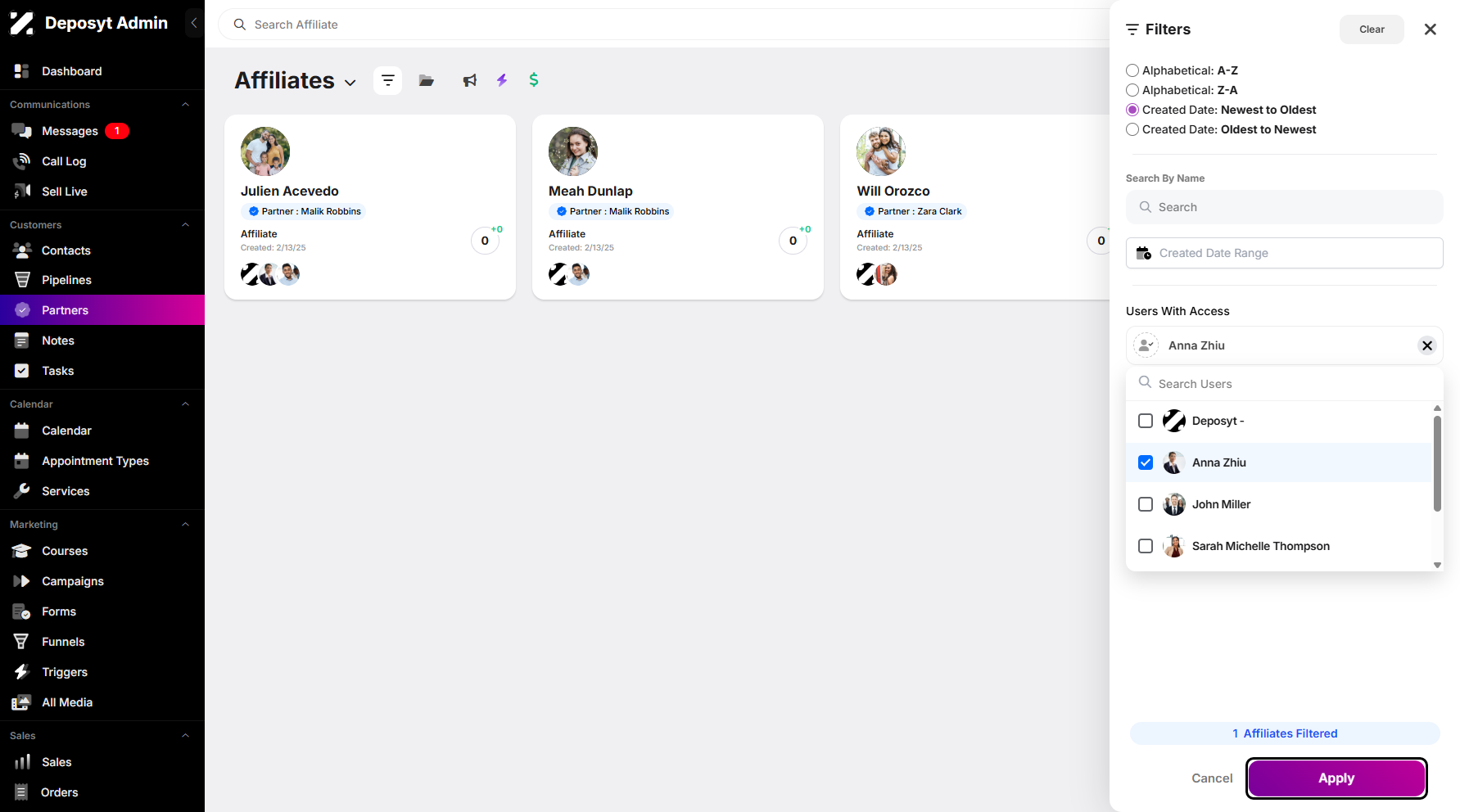 Step 6: Once a user is selected, click the Apply button to filter the results.