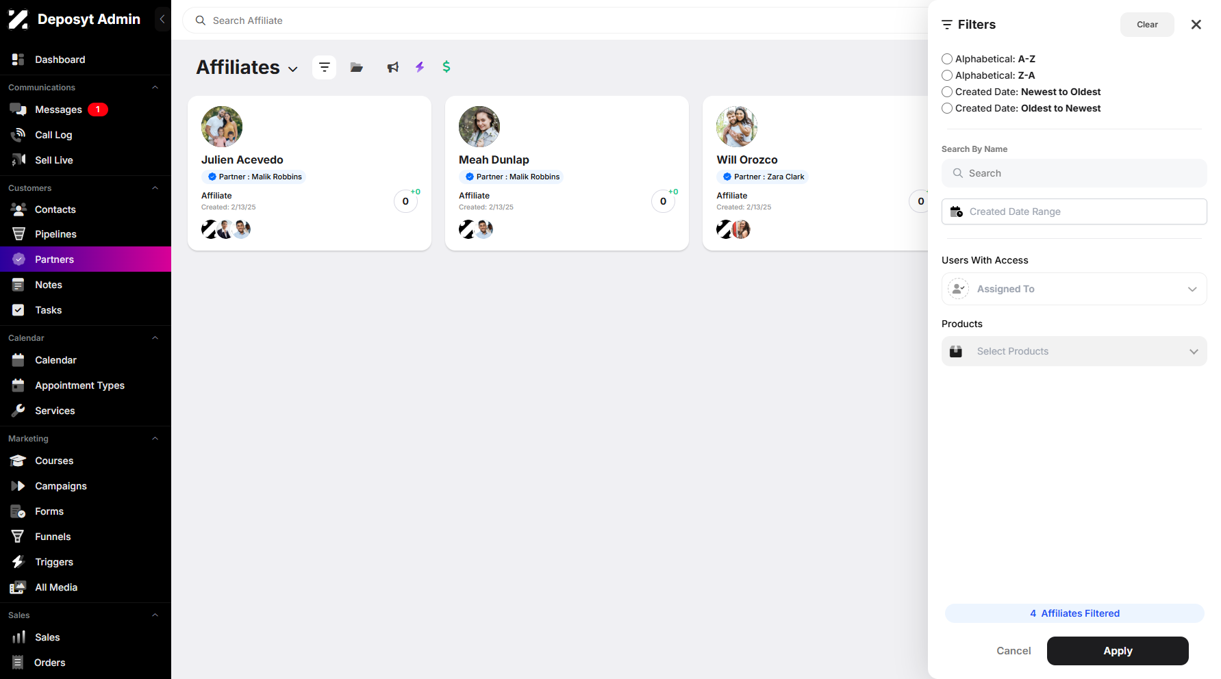 Step 4: A pop-up filter window will appear, allowing you to filter affiliates alphabetically or search by name. You can also filter by a specific date range, by assigned user, or by product.