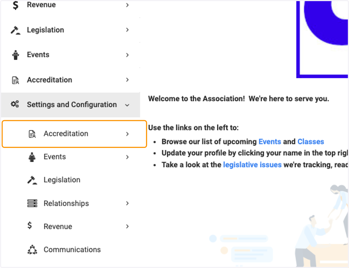 Click on module name you would like to see (in our case here, we're using Accreditation)