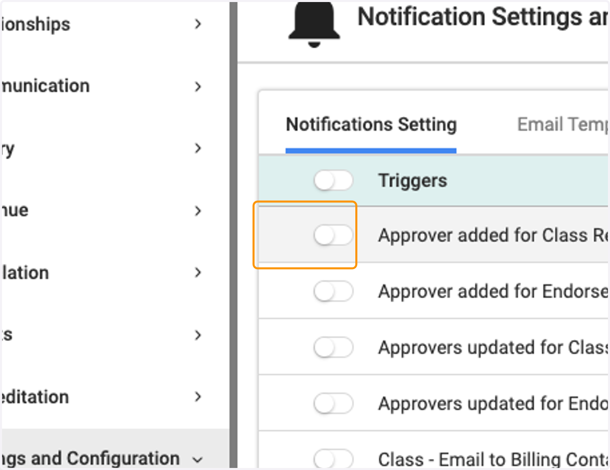 To turn a notification on, click on the toggle to the left of the name