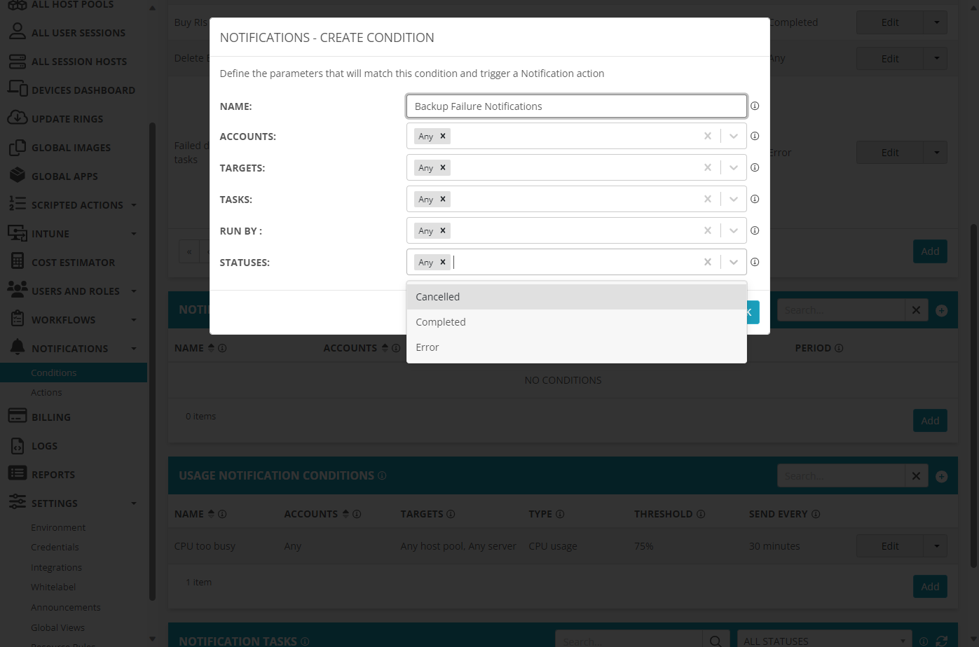 For Statuses, select "Cancelled" and "Error"