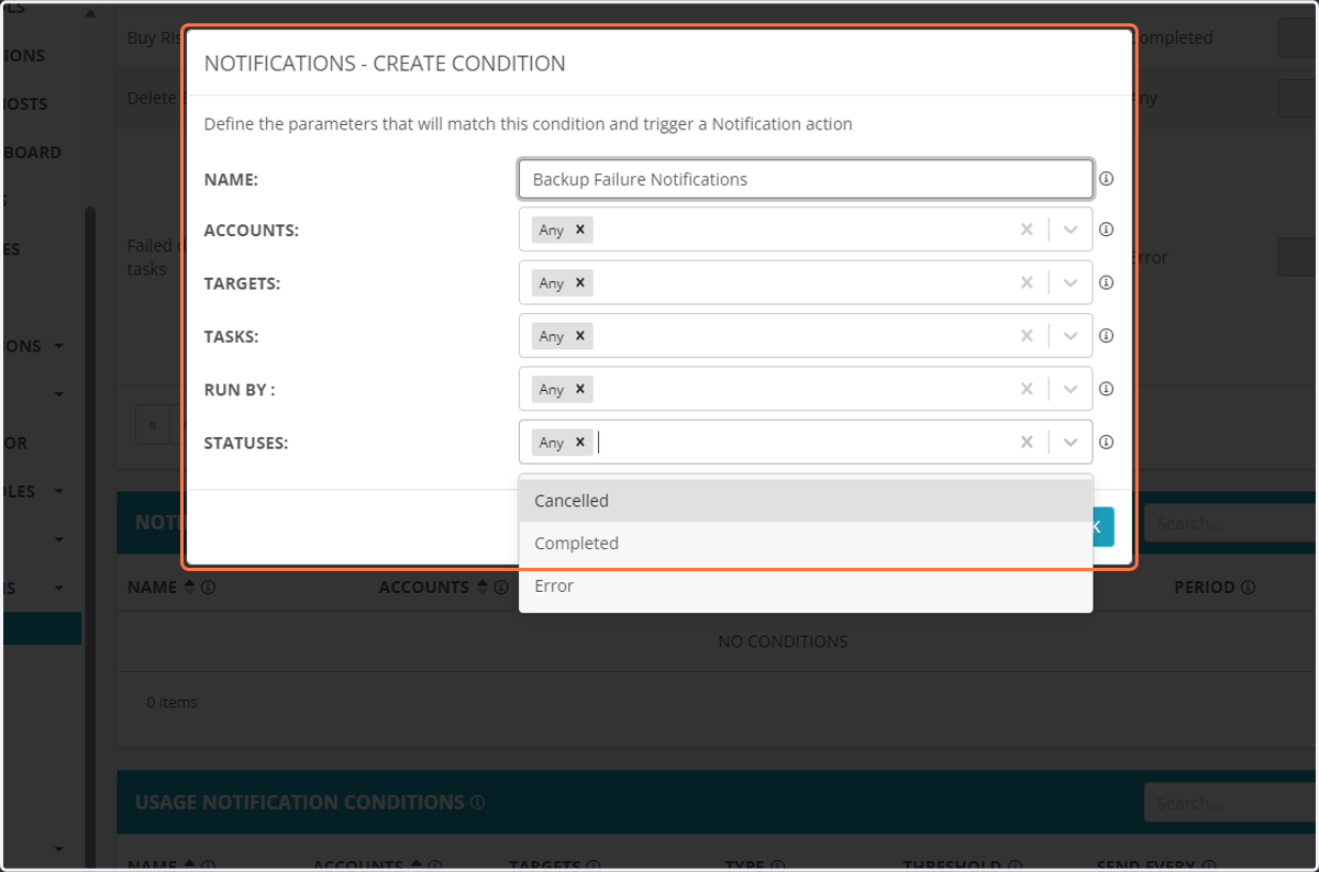 For Statuses, select "Cancelled" and "Error"