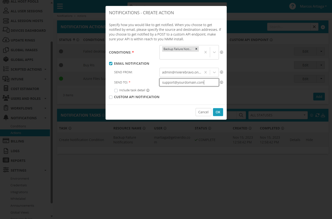 Click the drop down and select your linked mailbox for "Send From", then in the "Send To" field, type the email address that you want the notification to go to.