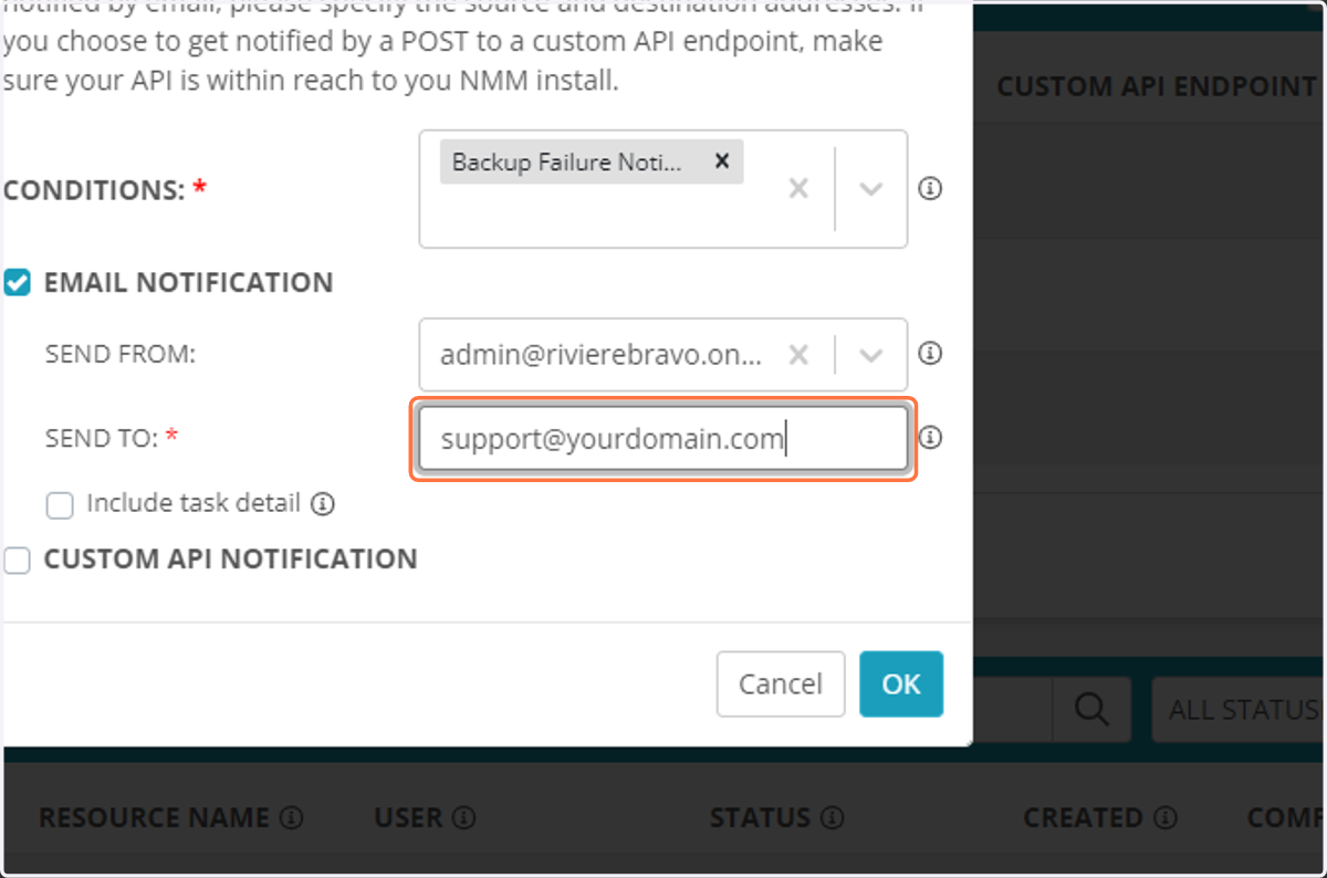 Click the drop down and select your linked mailbox for "Send From", then in the "Send To" field, type the email address that you want the notification to go to.
