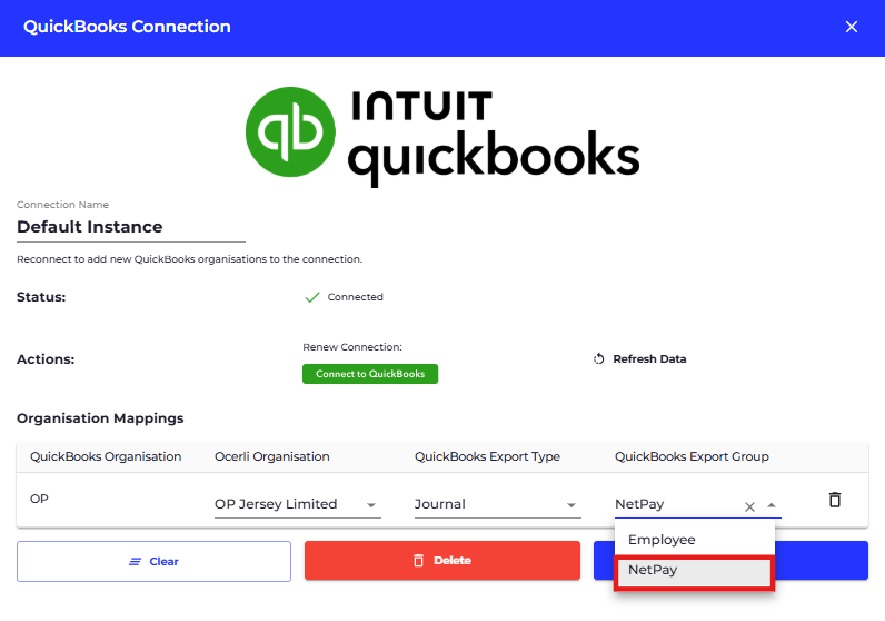 Click on QuickBooks Export Group dropdown