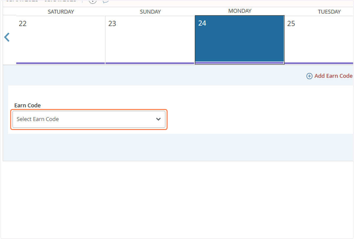 First, let's add incorrect leave. Click on "Select Earn Code."