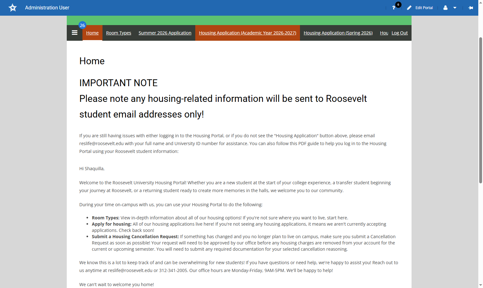 Click on the Academic Year Housing Application