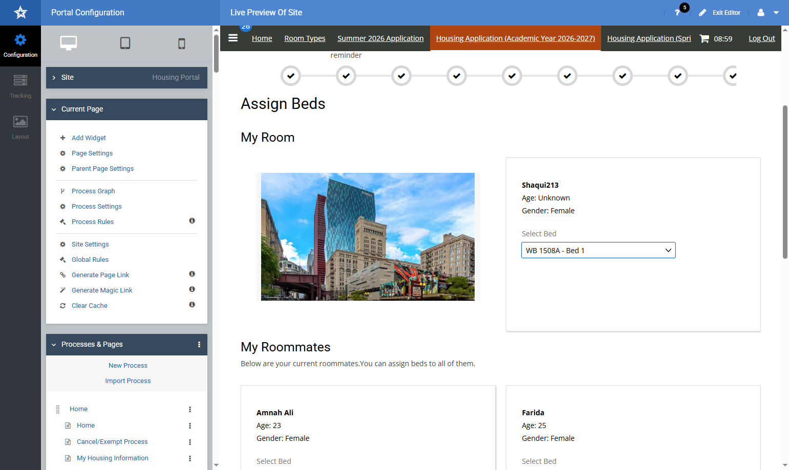 A drop down with the available beds to be placed will be displayed. Select the bedspace that you would like to be placed in.