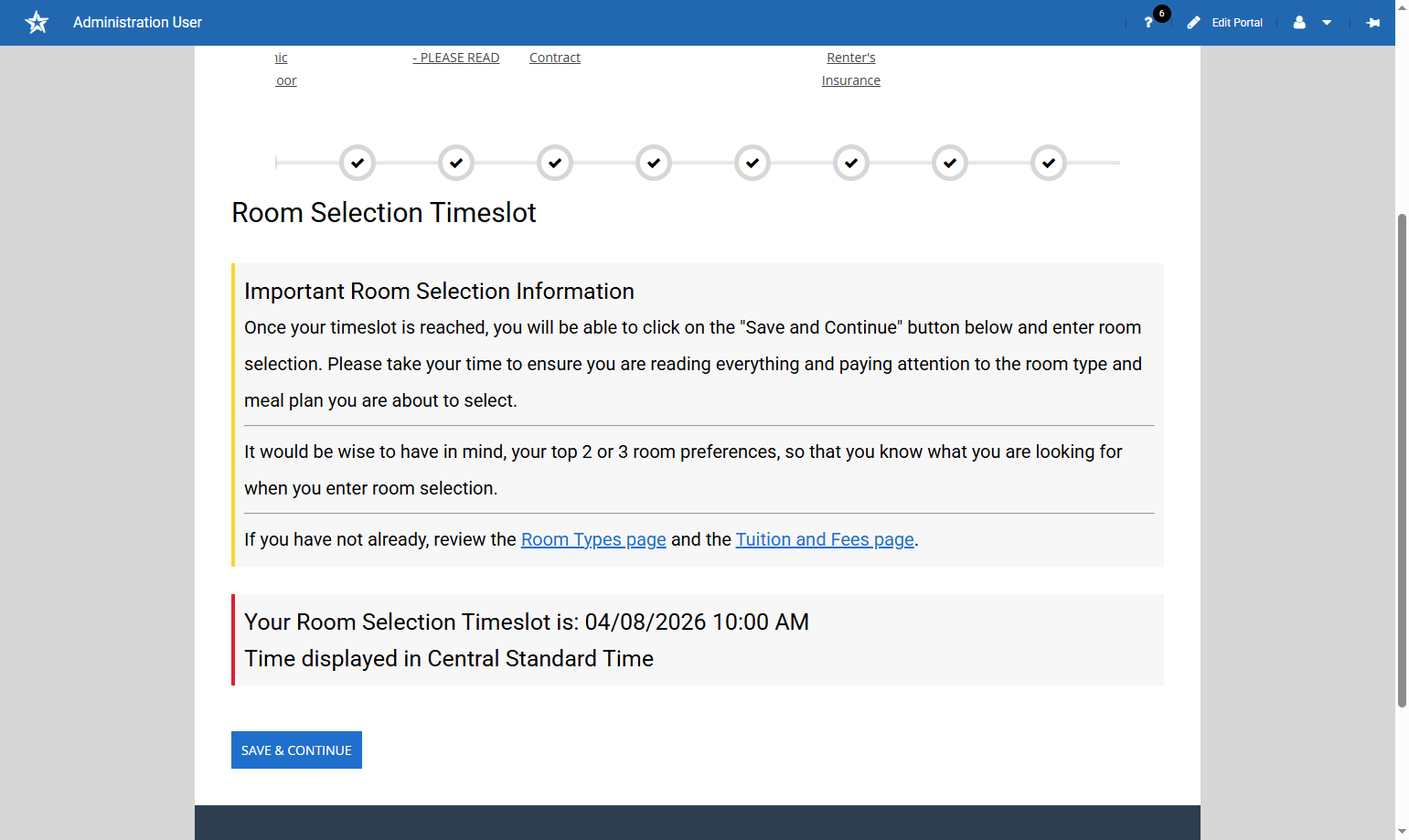 Scroll to the bottom of the page to find your room selection timeslot